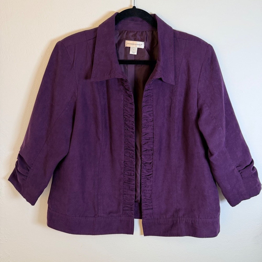 Women L Purple‎ Faux Suede Ruffle Open Front Jacket Granny Bold Preppy Poet
